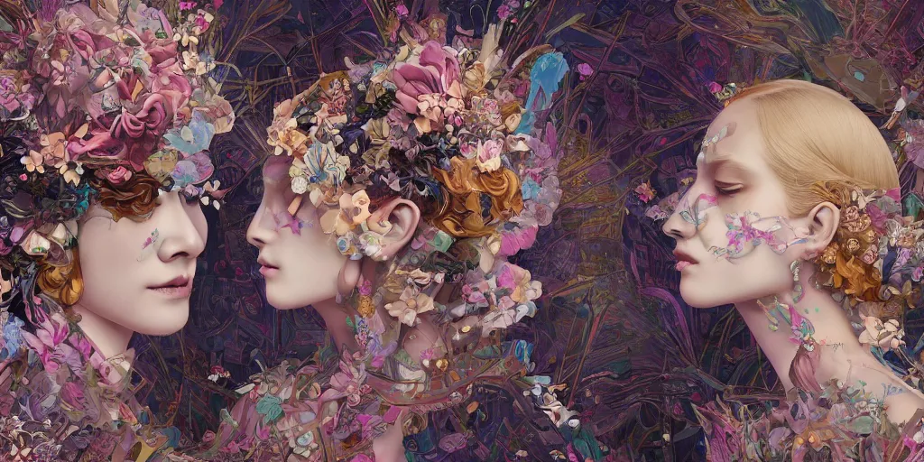 Image similar to breathtaking detailed concept art painting kaleidoscope art deco pattern of blonde faces goddesses amalmation flowers, by hsiao - ron cheng, bizarre compositions, exquisite detail, extremely moody lighting, 8 k