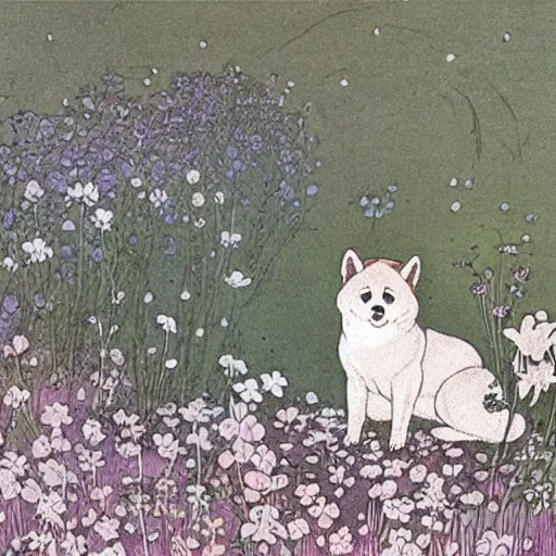 Image similar to an akita inu sitting in a moonlit field of flowers, by warwick goble and kay nielsen