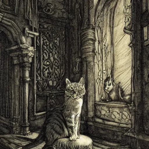 Prompt: cat from the void, illustrations by irish fairy tales james stephens arthur rackham, cat detailed, fairy tale illustrations, colour, top cinematic lighting , cinematic mood, very detailed, shot in canon,