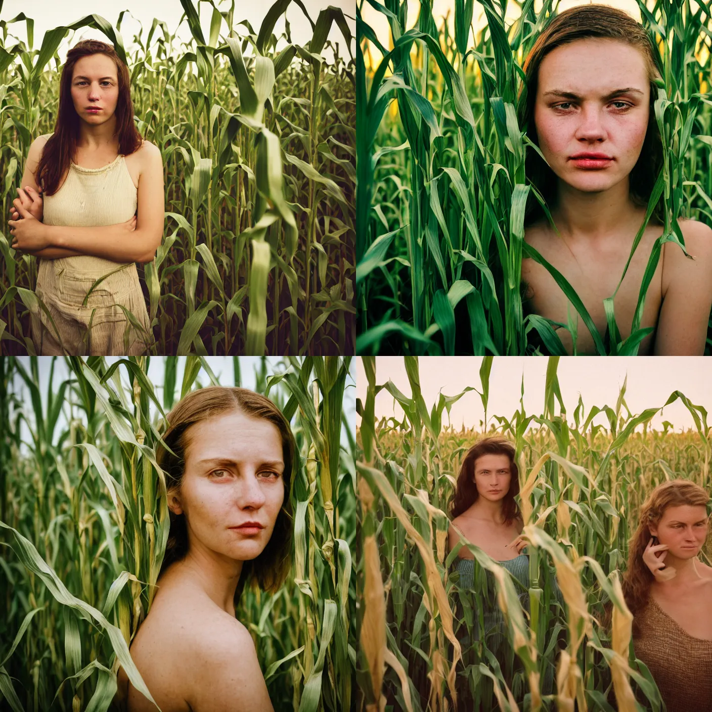 Prompt: An vintage analog head and shoulder frontal face portrait photography of a woman hiding in a tall corn maze field green leaves by Maxim Nikolaev. Kodak Portra 800 film. shallow depth of field. (Depth of field). whirl bokeh!!. Golden hour. detailed. hq. realistic. warm light. muted colors. dark Mood. Filmic. Dreamy. lens flare. Mamiya 7ii, f/1.2, symmetrical balance, in-frame