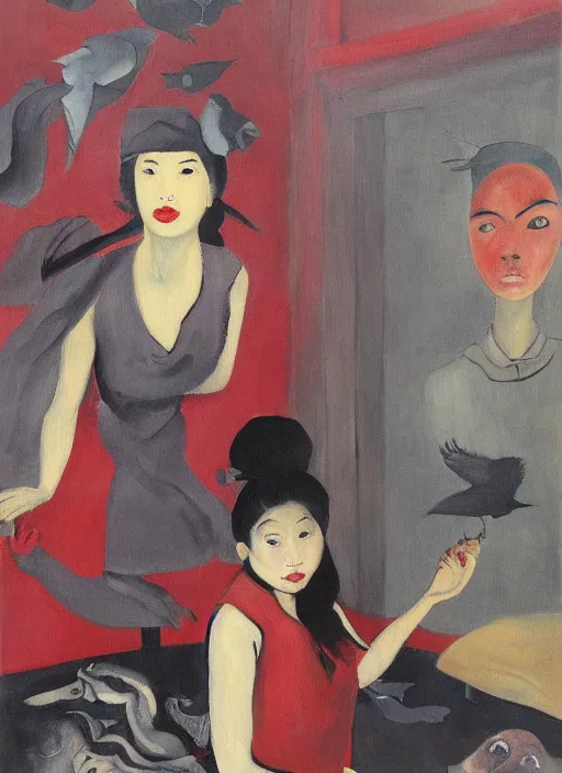 Prompt: a painting of gorgeous asian student girls with frozen cold stare, blood red background, transparent gray dresses, crows flying with red eyes trapped in the void as a symbol of death, in style of Edward Hopper, John Singer Sargant, Chaim Soutine, surrealism of Francis Bacon, American Gothic, 8k, ultradetailed