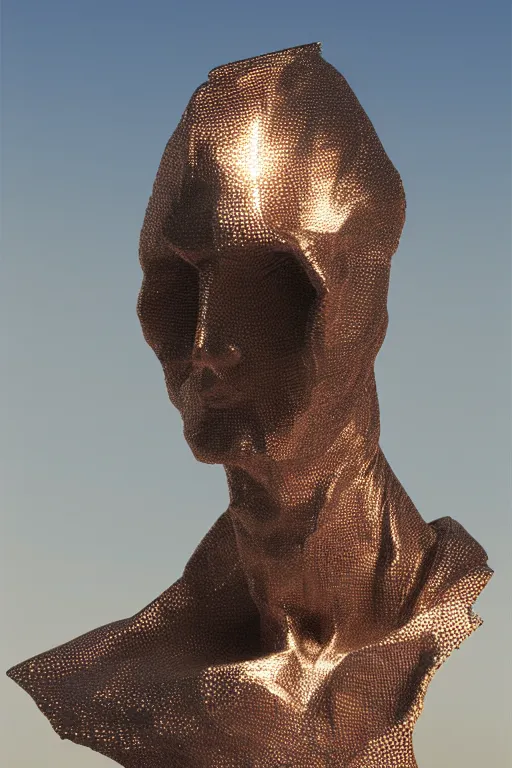 Image similar to realistic 8k Bernini Sculpture of random reflective metal pieces forming the shape of a person silhouetted by a red sun, smooth, sharp focus, 24mm lens, DOF, hyper realistic, art by Artem Demura and Greg Rutkowski and Ruan Jia