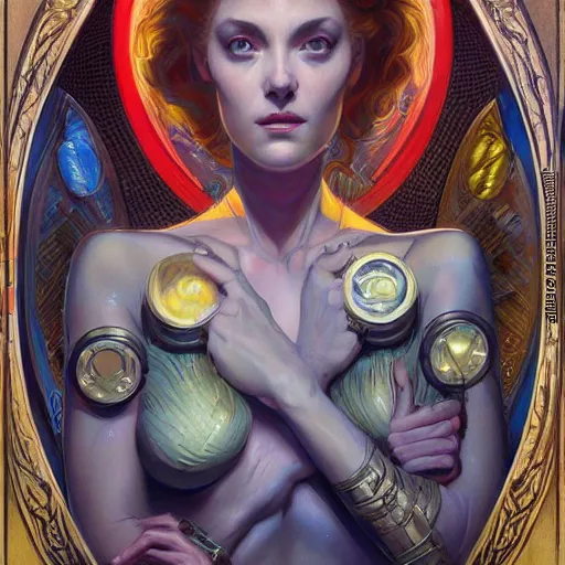 Prompt: a retrofuturist painting in the style of donato giancola, and in the style of charlie bowater, and in the style of charles dulac. symmetry, smooth, sharp focus, semi - realism, intricate detail.