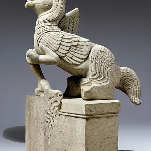 Image similar to a stone sculpture of a winged panther sitting on a pedestal with intricate carvings and fine detail