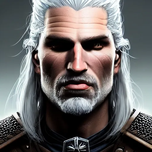 Image similar to geralt of rivia, golden eyes, silver hair, wolf pedant, 4 k, artstation, cgsociety, award - winning, masterpiece, stunning, beautiful, glorious, powerful, fantasy art, bisley, simon