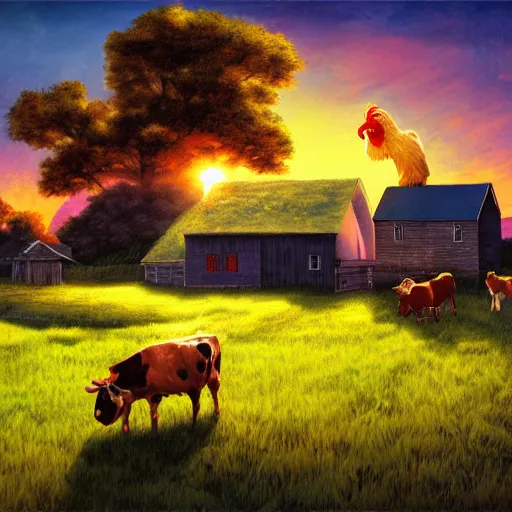 Prompt: sun rising over a farmhouse with a sleeping cow and a rooster crowing, concept art, illustrated, highly detailed, high quality, bright colors, optimistic,
