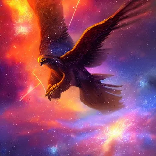 Image similar to a giant eagle constellation flying through a nebula by WLOP and tony sart, fantasy art, 4k, HDR, photorealistic, 8k, trending on artstation