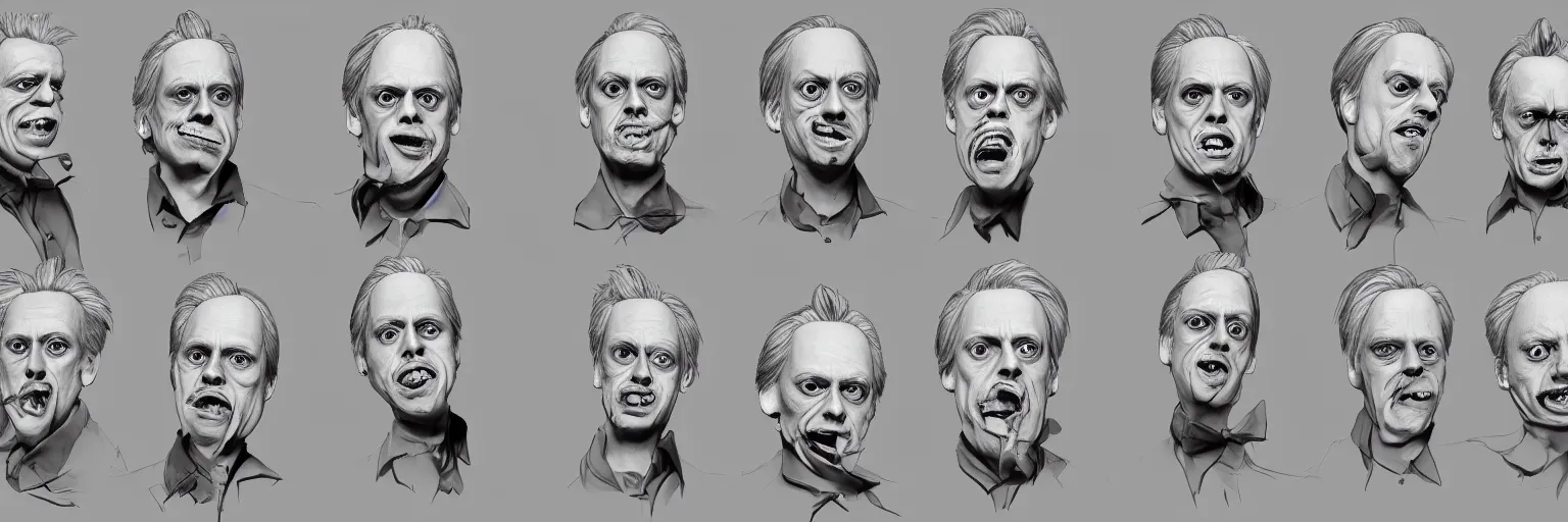 Prompt: character study of steve buscemi and gary busey, clear faces, wild, crazy, character sheet, fine details, concept design, contrast, kim jung gi, pixar and da vinci, trending on artstation, 8 k, full body and head, turnaround, front view, back view, ultra wide angle