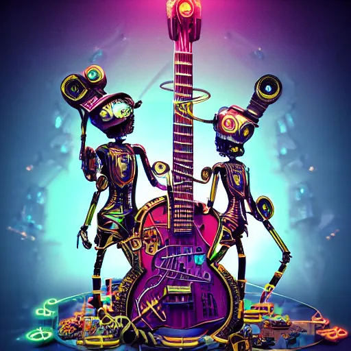 Image similar to album art, rockband with 3 steampunk robots playing guitar, text robos rock, 8 k, flourescent colors, halluzinogenic, multicolored, exaggerated detailed, front shot, 3 d render, octane