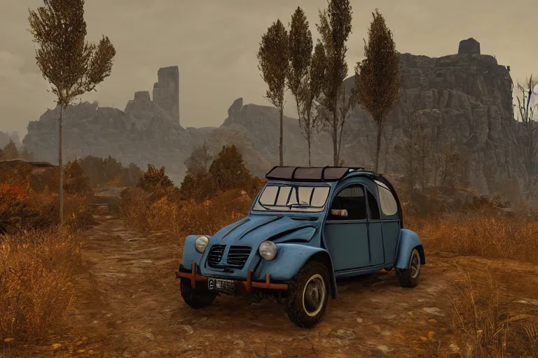 Image similar to offroad citroen 2 cv ( 1 9 6 5 ) of daedric design driving across the rift, daedric axe stored on the side of the car, leather and cloth traveller backpacks on roof, riften city in the background, epic fantasy, autumn, the elder scrolls v : skyrim, dramatic lighting, establishing shot, by simon stalenhag