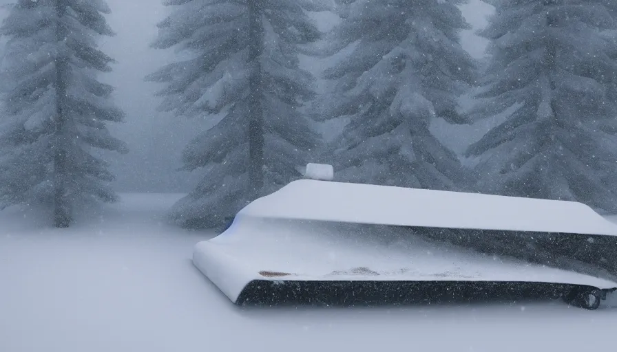 Image similar to snowplow covered by snow in beautiful winter landscape. fog, snowstorm, photorealistic rendering, octane, depth of field, blurry