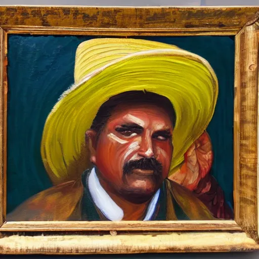 Image similar to warehouse worker wearing a sombrero as an oil painting on canvas