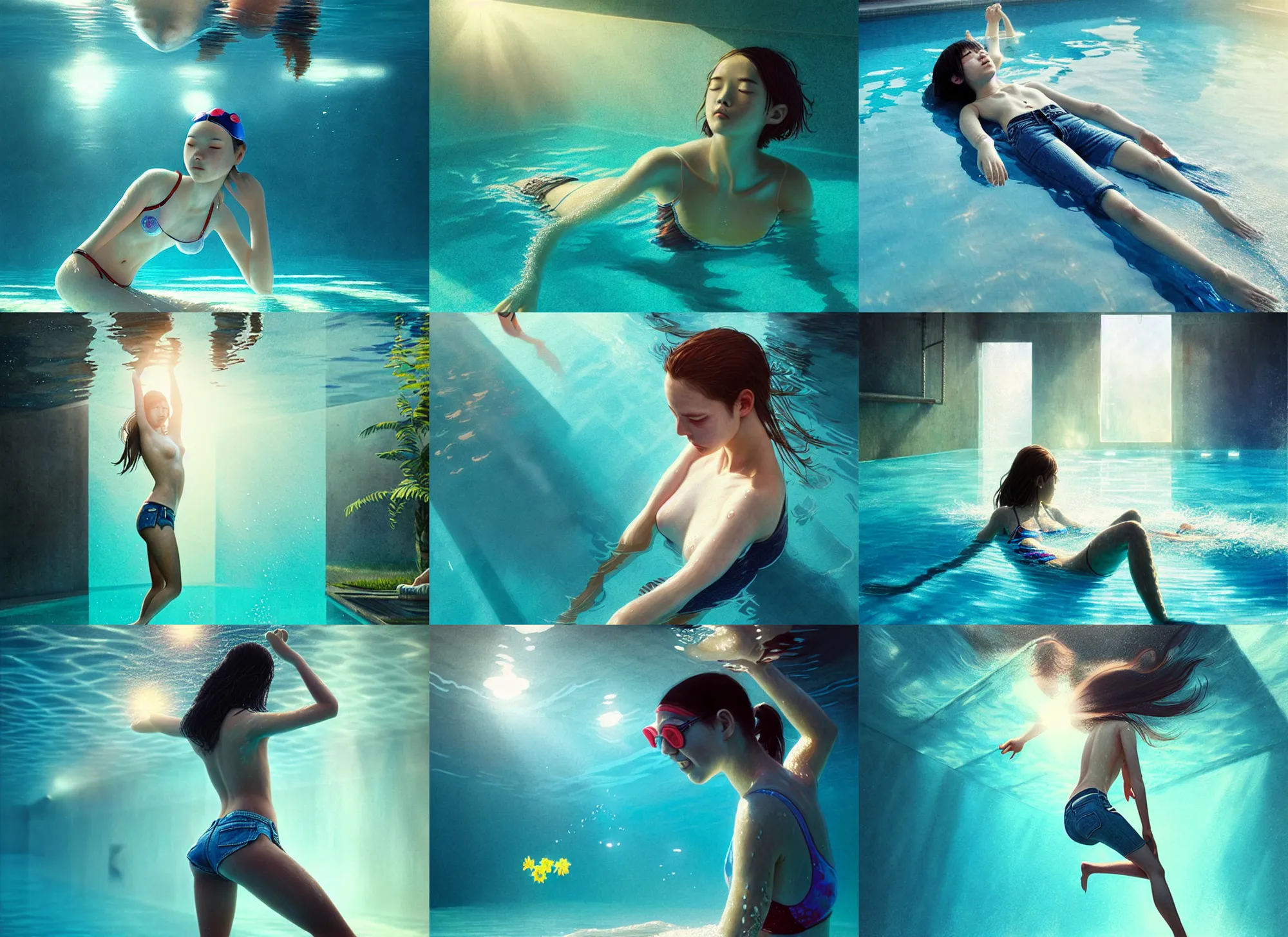 Prompt: girl swimming in jeans and a t - shirt in a pool, sunny, bright, reflections, intricate, sharp focus, lens flare, bloom, illustration, highly detailed, digital painting, concept art, matte, art by ruan jia and wlop and greg rutkowski, masterpiece