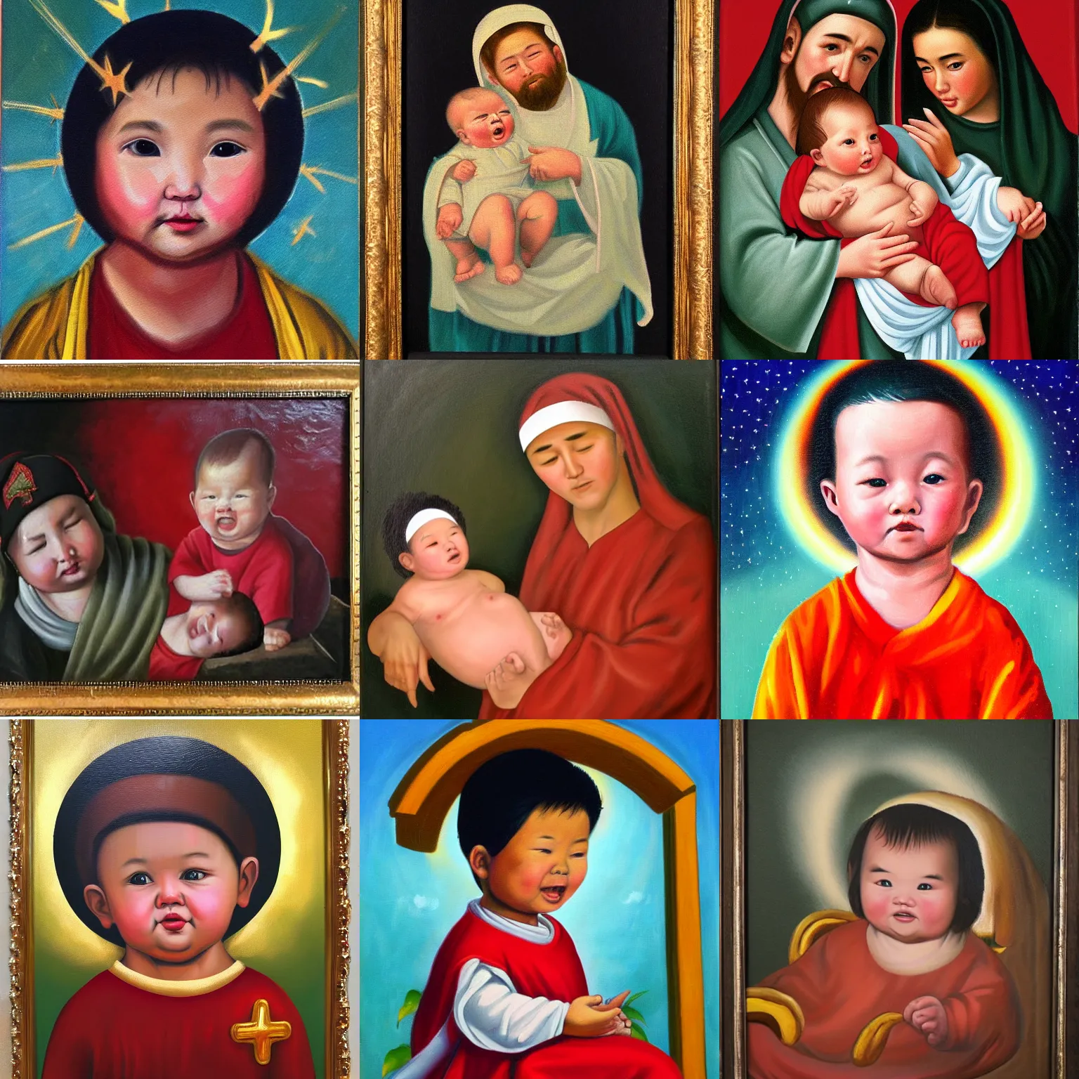 Prompt: kim jong us as baby jesus, oil painting