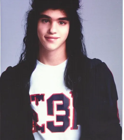 Image similar to 1 9 8 0 s highschool guy with long black hair, sports bomber jack, popular, yearbook photo