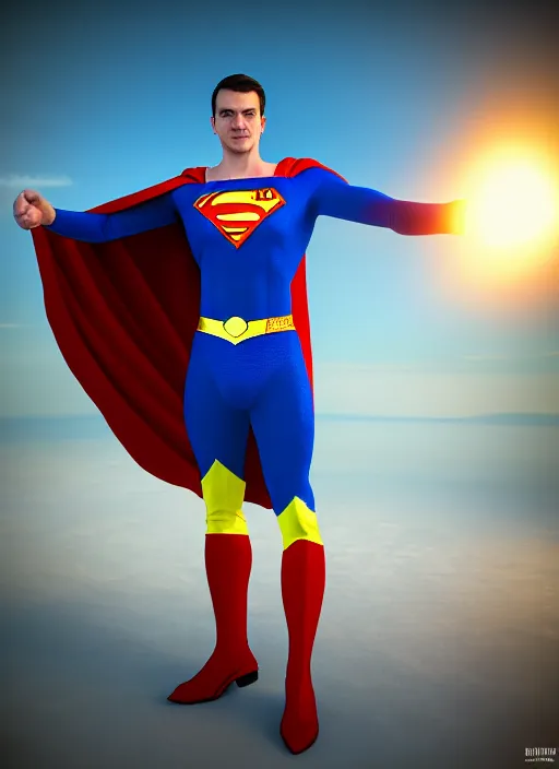 Image similar to medvedev condom, ukrainian superman, ukrainian national clothes, portrait of young man, 8 k ultra realistic, lens flare, atmosphere, glow, detailed, intricate, full of colour, led lighting, 4 k, hyperrealistic, focused, extreme details, unreal engine 5, masterpiece