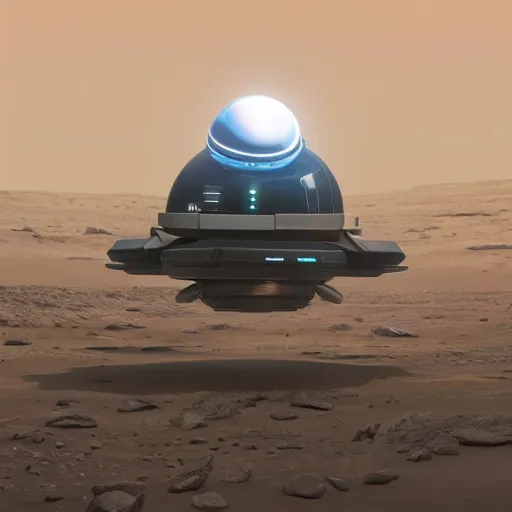 Prompt: A futuristic flying vehicle hovering the surface of Mars, wide angle, low angle shot, mood lighting, Behance, digital art in the style of Oblivion movie, by Beeple, trending on Artstation
