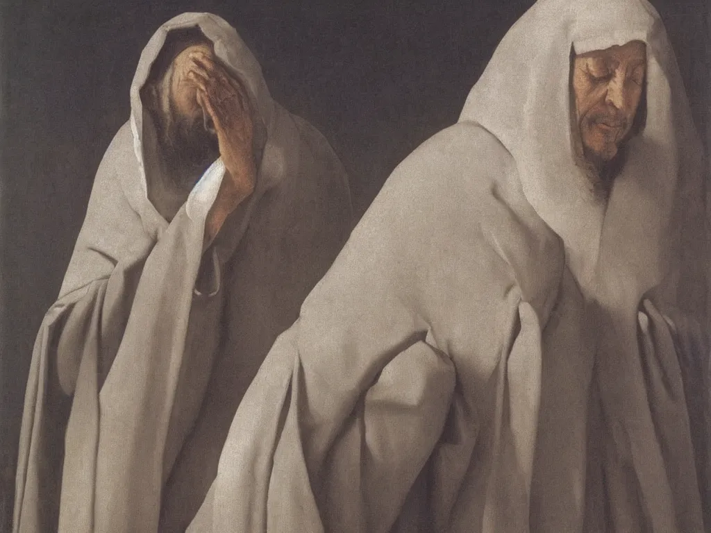 Prompt: Portrait of a cloaked prophet in trance, with the eyes closed. It snows inside. Painting by Zurbaran