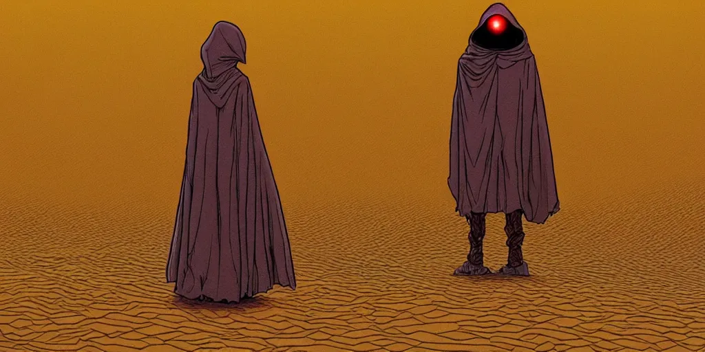 Image similar to android in cloak standing in dunes illustration by moebius