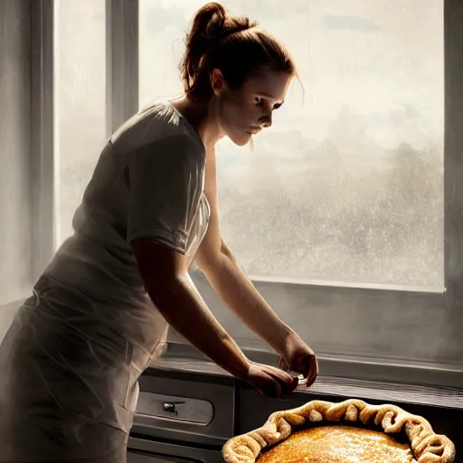 Image similar to a physical therapist baking a pie in the oven, volumetric lighting, 8 k octane beautifully detailed render, post - processing, extremely hyper - detailed, intricate, epic composition, cinematic lighting, masterpiece, trending on artstation, detailed detailed detailed, masterpiece, stunning art by anders zorn, wonderful masterpiece by greg rutkowski, beautiful cinematic light,