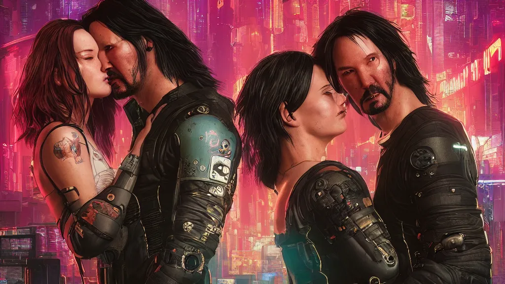 Image similar to a cyberpunk 2077 srcreenshot couple portrait of Keanu Reeves and a female android final kiss in night city,love,film lighting,by Lawrence Alma-Tadema,Andrei Riabovitchev,Laurie Greasley,Dan Mumford,John Wick,Speed,Replicas,artstation,deviantart,FAN ART,full of color,Digital painting,face enhance,highly detailed,8K,octane,golden ratio,cinematic lighting