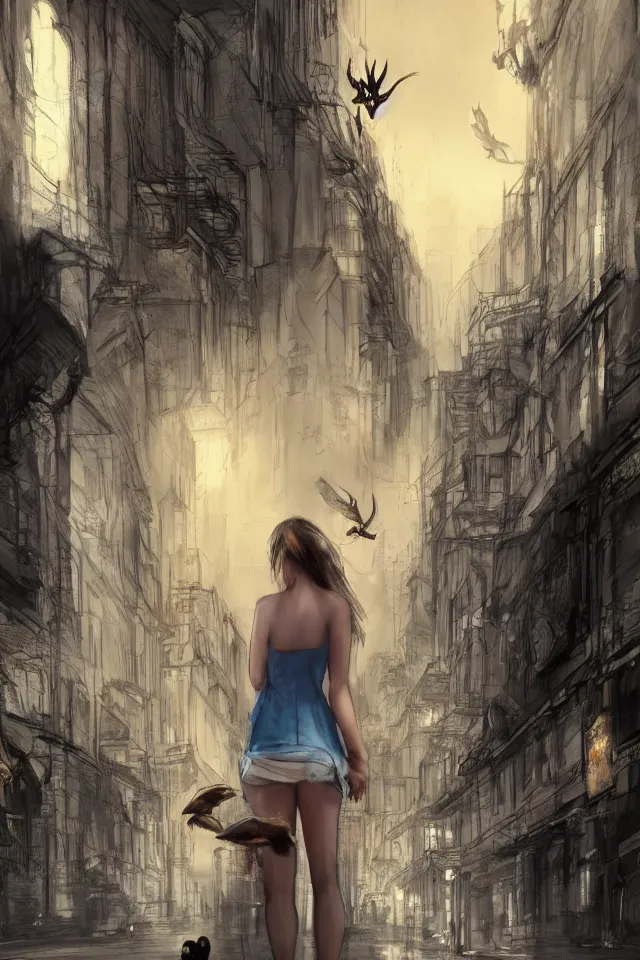 Image similar to concept art, a pretty girl with the head of a duck, cities, godrays, wide views, on the street