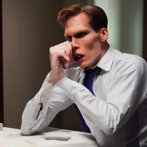 Image similar to Live Action Still of Jerma in American Psycho, real life, hyperrealistic, ultra realistic, realistic, highly detailed, epic, HD quality, 8k resolution, body and headshot, film still