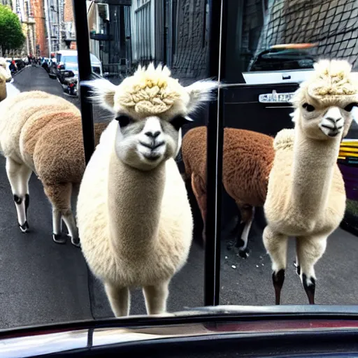 Prompt: <photograph accurate=true quality=very-high>looking out the window at a busy city street</photograph><photobomb>a dozen alpacas</photobomb>