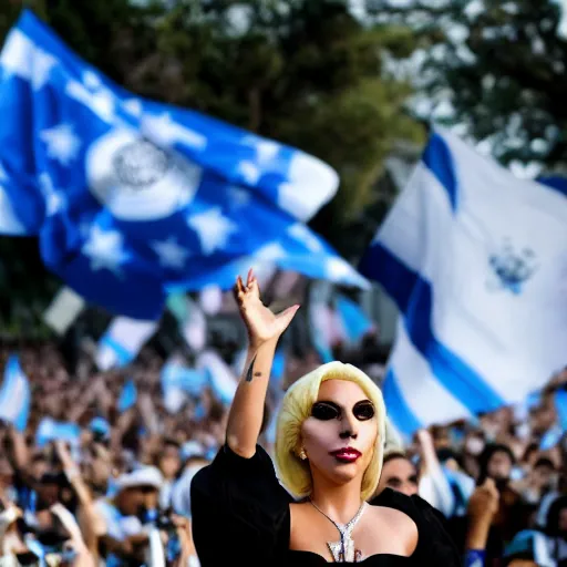 Image similar to Lady Gaga as president, Argentina presidential rally, Argentine flags behind, bokeh, giving a speech, detailed face, Argentina