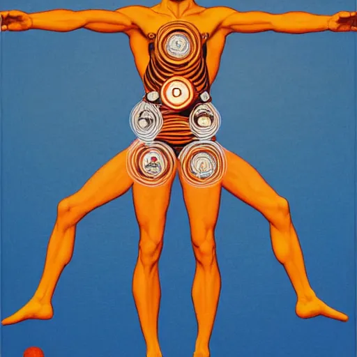 Image similar to ultraman as vitruvian man by james jean and shusei nagaoka, magritte painting, full body, no crop, golden ratio, retrofuturistic, hyper details