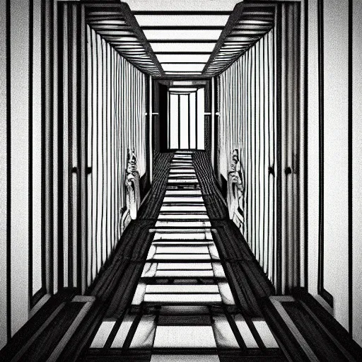 Prompt: “a disorienting white hallway and stairwell with many doors, confusing, creepy, eerie, doors, stairs, dimensions, MC Escher architecture, anime style, detailed background”