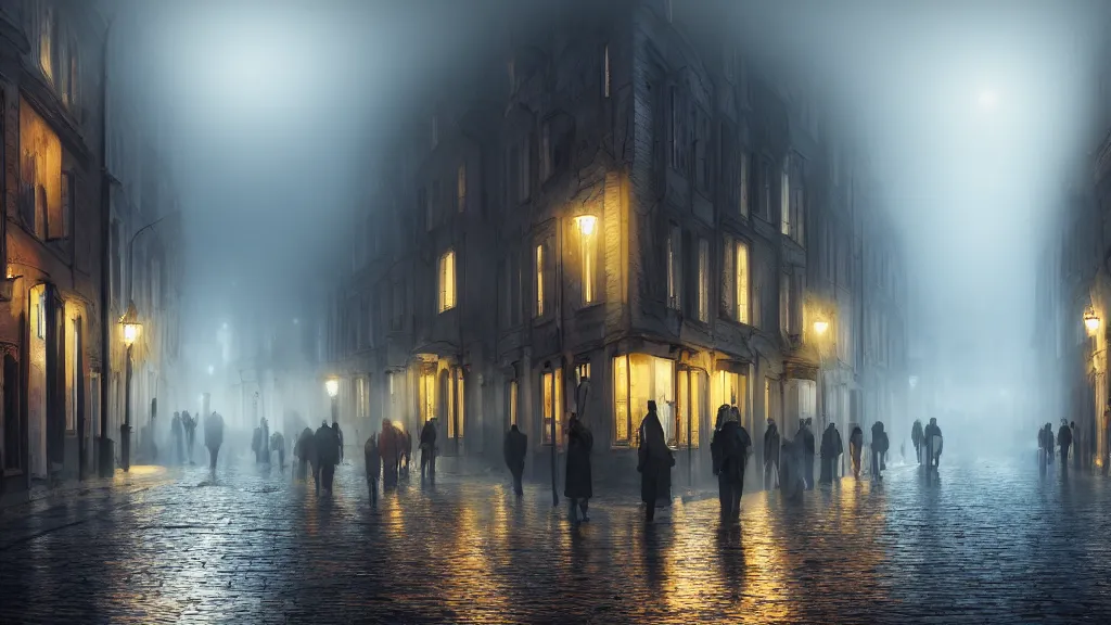 Image similar to a crowd of people on street of the old town with houses in the windows of which the light is on. early morning, fog on ground, wet street. mike barr painting. volumetric light, dull colors, dark, noir arthouse, 3 5 mm, hight detalied, hd, 4 k