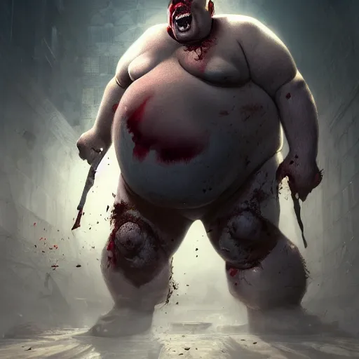 Prompt: angry extremely fat obese giant zombie woman, full body portrait, with clothese, horror core, apocalyptic, feeling of grimdark, sharp focus, fiction, hyper detailed, digital art, trending in artstation, cinematic lighting, studio quality, smooth render, unreal engine 5 rendered, octane rendered, art style and nixeu and wlop and krenz cushart