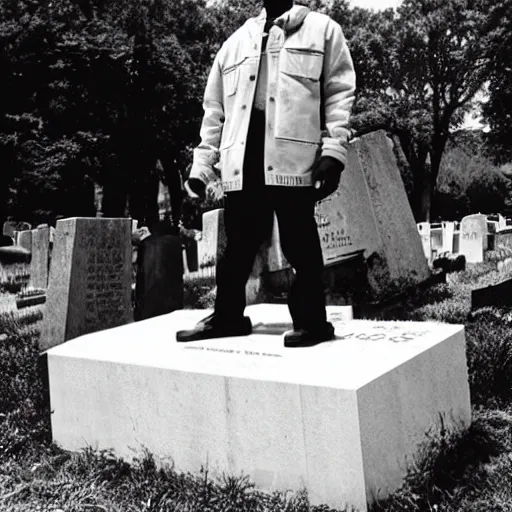 Prompt: rapper MF DOOM standing next to a hollowed out grave and coffin