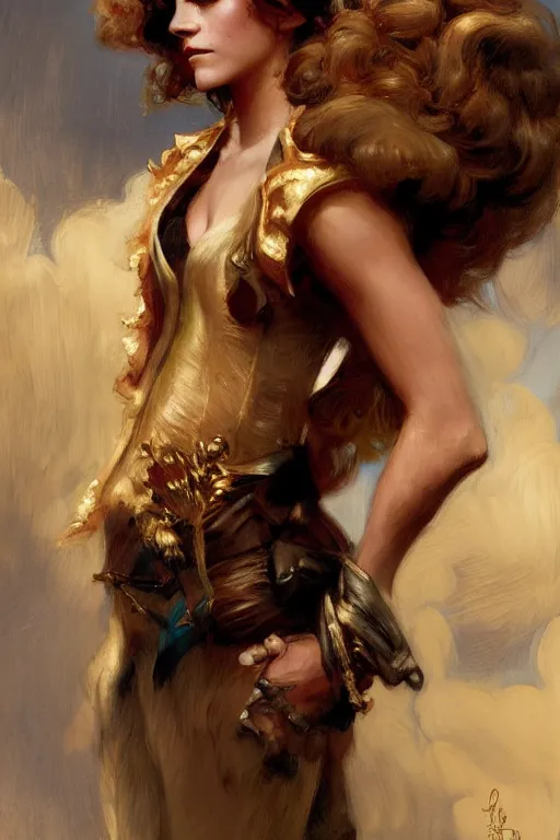 Image similar to emma watson manelbrot fightsuit gaston bussiere craig mullins j. c. leyendecker curly updo