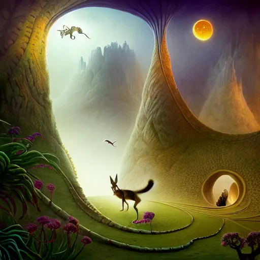 Prompt: a beguiling epic stunning beautiful and insanely detailed matte painting of the impossible winding path and cute caracal in a dream world with surreal architecture designed by Heironymous Bosch, dream world populated with mythical whimsical creatures, mega structures inspired by Heironymous Bosch's Garden of Earthly Delights, vast surreal landscape and horizon by Cyril Rolando and Noah Bradley and Mike Azevedo, masterpiece!!!, grand!, imaginative!!!, whimsical!!, epic scale, intricate details, sense of awe, elite, wonder, insanely complex, masterful composition!!!, sharp focus, fantasy realism, dramatic lighting