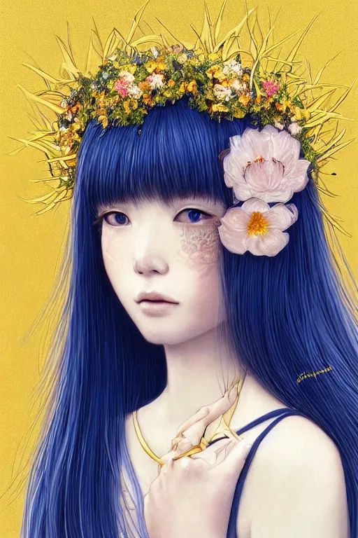 Prompt: a pale Japanese girl with golden hair, floral crown, sad blue eyes, cinematic lighting, ultra detailed, highly detailed, sharp focus, golden background with flowers, golden jewellery with blue sapphires, photographic, art by artgerm and greg rutkowski and zdislav beksinski