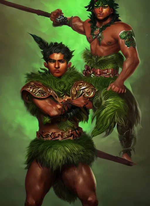 Prompt: a highly detailed illustration of fierce attractive young tanned green haired tribal boy wearing green wolf cape, heroic wielding club pose, muscular, intricate, elegant, highly detailed, centered, digital painting, artstation, concept art, smooth, sharp focus, league of legends concept art, wlop