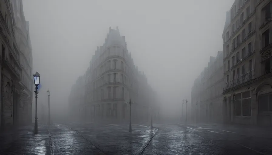 Image similar to empty neo - gothic paris streets in the fog, wet ground, hyperdetailed, artstation, cgsociety, 8 k