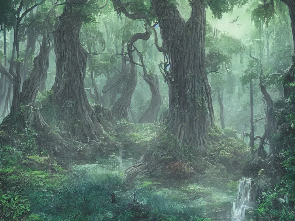 Image similar to a tranquil fantasy forest utopia illustration