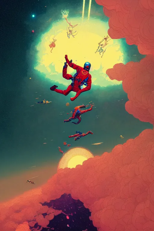 Prompt: sky diving in jupiter, epic scene, by victo ngai, kilian eng vibrant colours, dynamic lighting, digital art, winning award masterpiece, fantastically beautiful, illustration, aesthetically inspired by beksinski and dan mumford, trending on artstation, art by greg rutkowski, 8 k