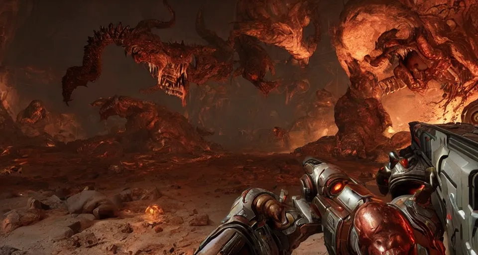 Image similar to gameplay of doom eternal, shooting a demon monster, ambient lighting, concept art, intricate, hyper detailed, smooth, action, volumetric lighting, 3 d render, unreal, octane