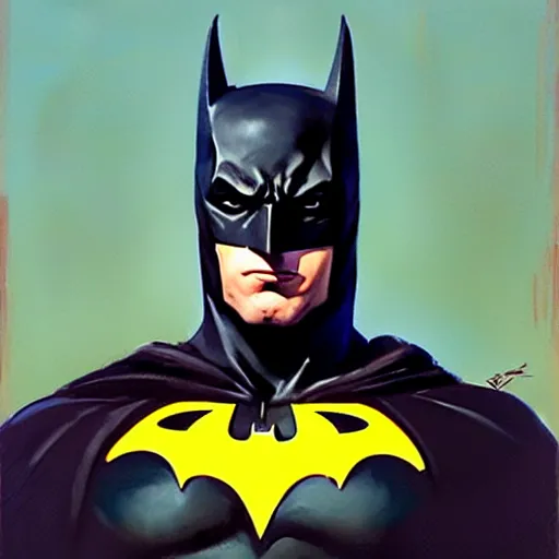 Image similar to Greg Manchess portrait painting of Batman as Overwatch:4 character, medium shot, asymmetrical, profile picture, Organic Painting, sunny day, Matte Painting, bold shapes, hard edges, street art, trending on artstation, by Huang Guangjian and Gil Elvgren and Sachin Teng