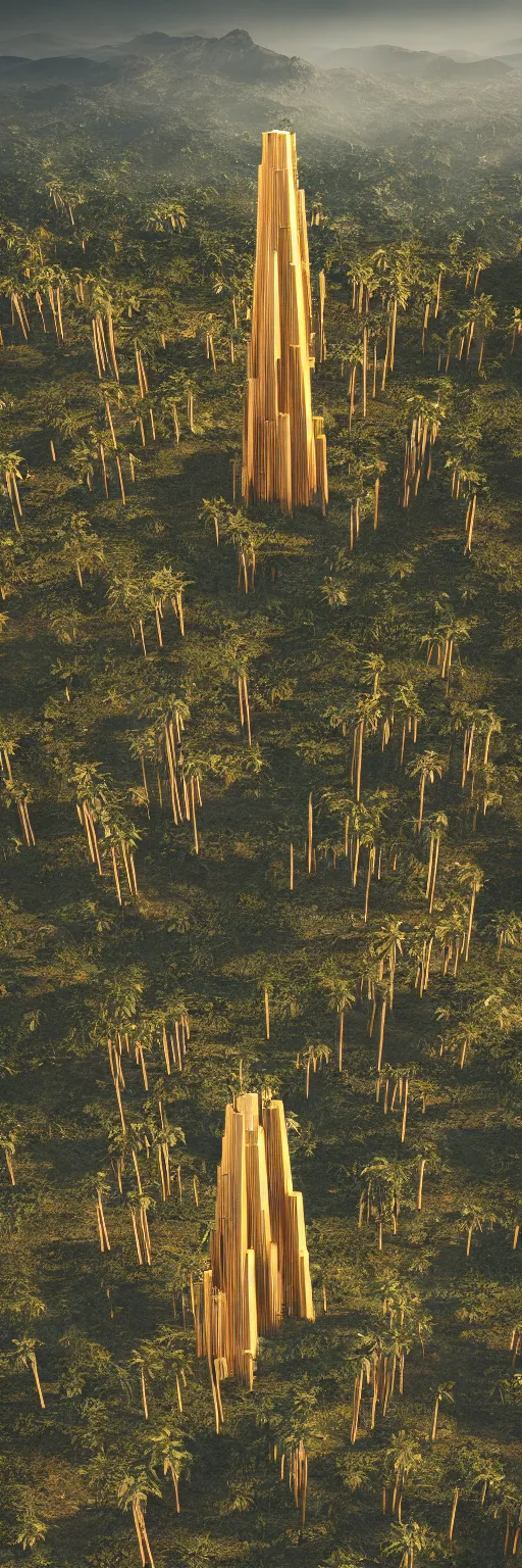 Image similar to photo of vertical golden tower, stacked ancient village, arid mountains and lush palm forest, photo realism, sharp focus, octane