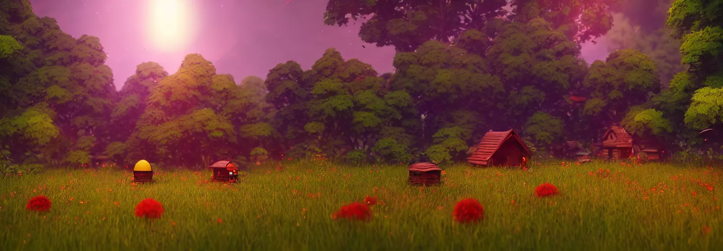 Image similar to stunning glowing dominant large highlighted crimson - black beehive, large cute bee, in a beautiful forest meadow village landscape, flowers, happy trees, photorealistic, octane render, rtx, hdr, unreal engine, digital art widescreen 8 k, studio ghibli, disney, wlop