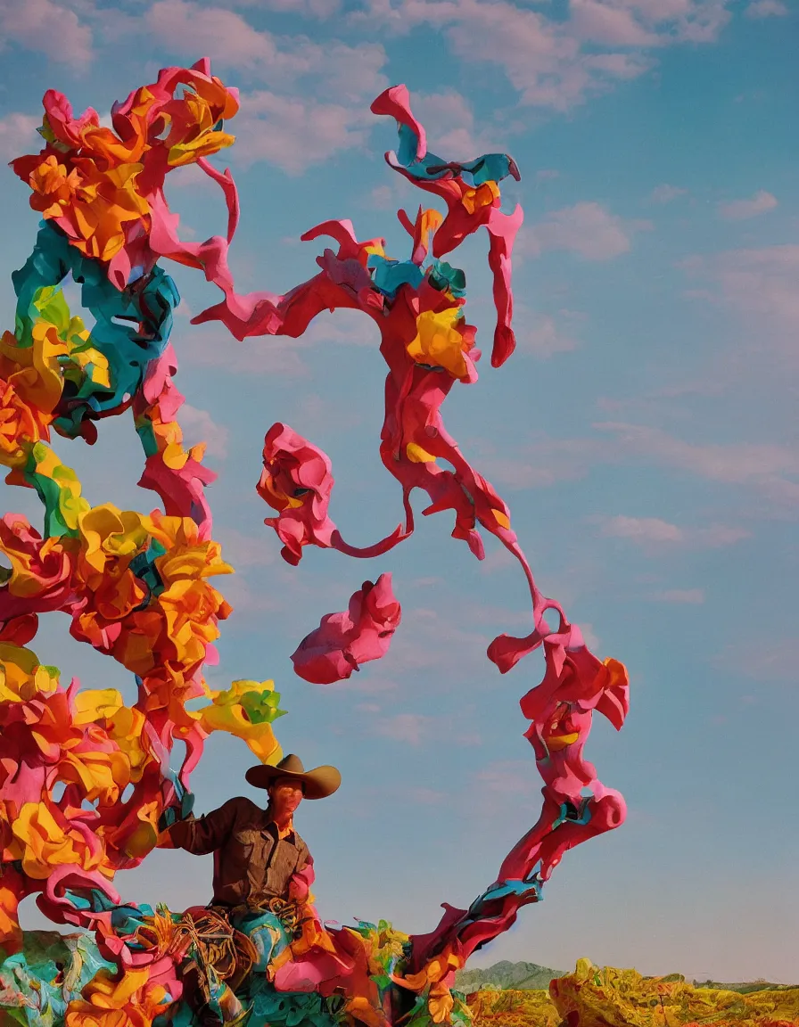 Image similar to a cowboy turning into blooms by slim aarons, by zhang kechun, by lynda benglis. tropical sea slugs, angular sharp tractor tires. complementary bold colors. warm soft volumetric dramatic light. national geographic. 8 k, rendered in octane, smooth gradients. angular sculpture by michelangelo.