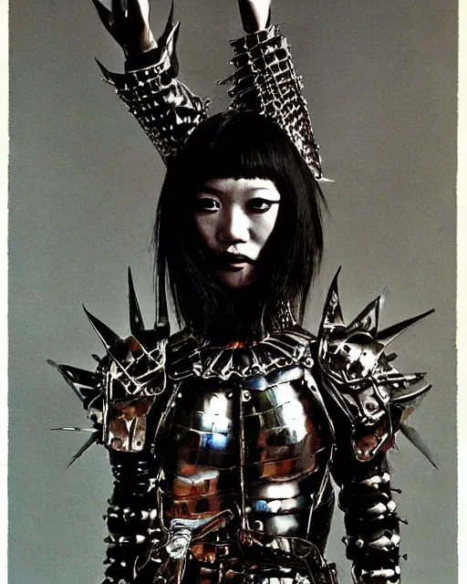 Image similar to portrait of a skinny punk goth yayoi kusama wearing armor by simon bisley, john blance, frank frazetta, fantasy, thief warrior, chrome