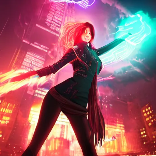 Prompt: a girl like yoona, casting fire spell, background cyberpunk city, full shot, photo, geometries, fibonacci volumetric lighting, epic composition, intricate details, dark neon punk, by KDA