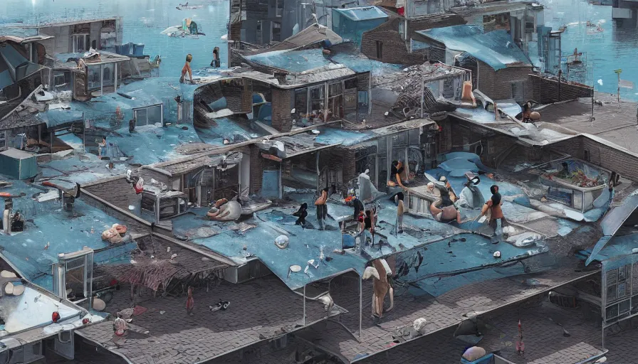 Image similar to people in a rooftop watching their city underwater after a tsunami, hyperdetailed, artstation, cgsociety, 8 k