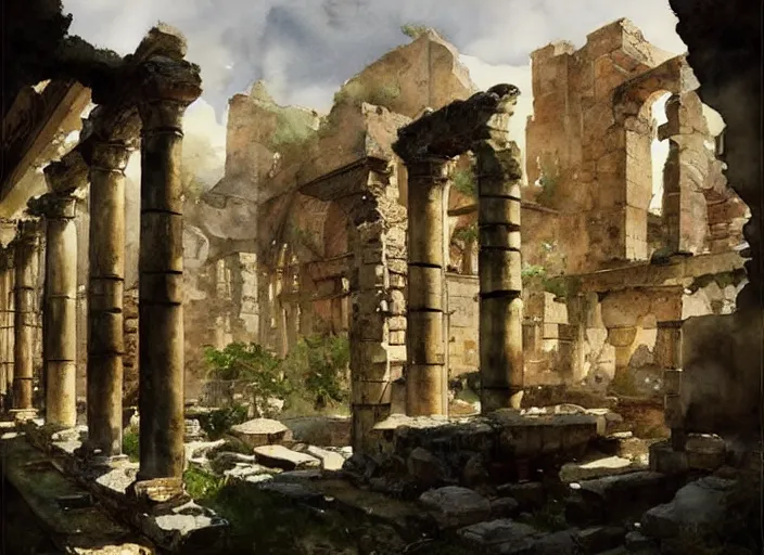 Prompt: watercolor painting of roman center ruins, old signs, walls, very beautiful lighting, art by anders zorn, wonderful masterpiece by greg rutkowski, cinematic light, american romanticism by greg manchess, creation by tyler edlin